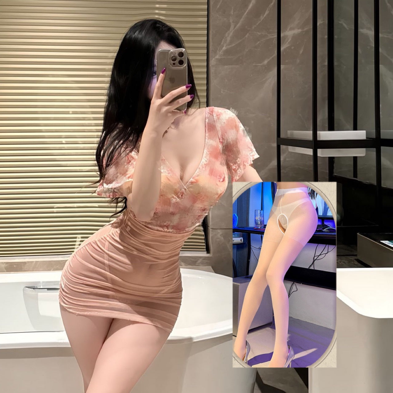Image of Ji Feiman sexy lingerie sexy see-through deep V floral rose gauze high waist hip skirt uniform set qqny